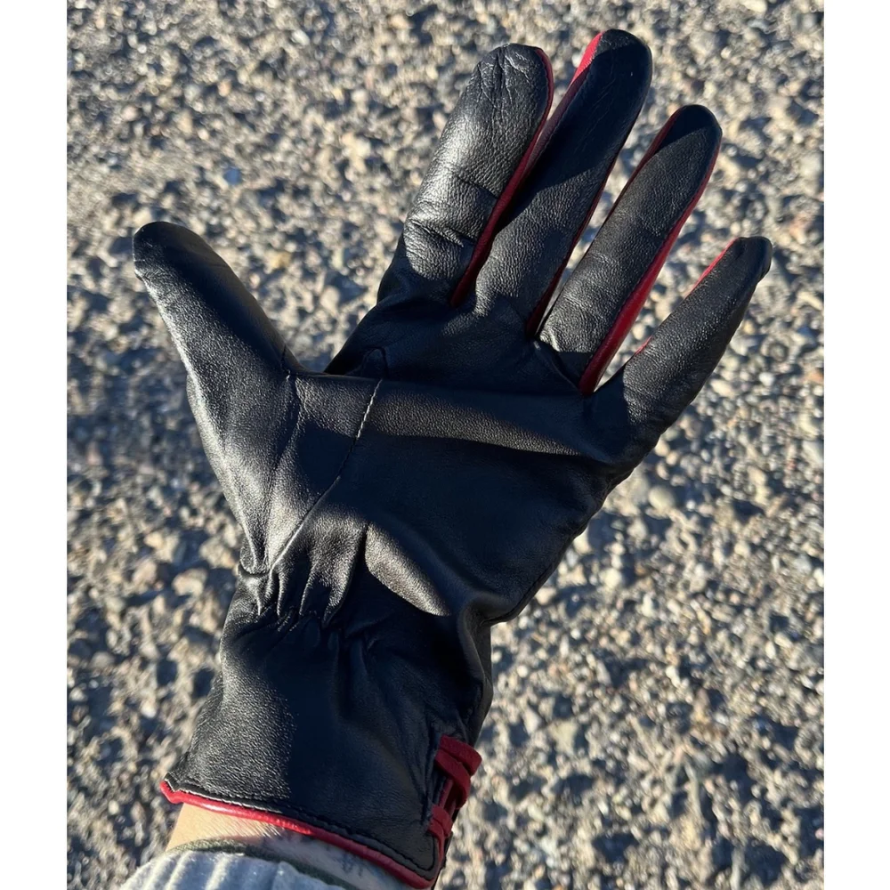 Ralph Lauren Black Leather Gloves Red Trim Button Detail Women One Size